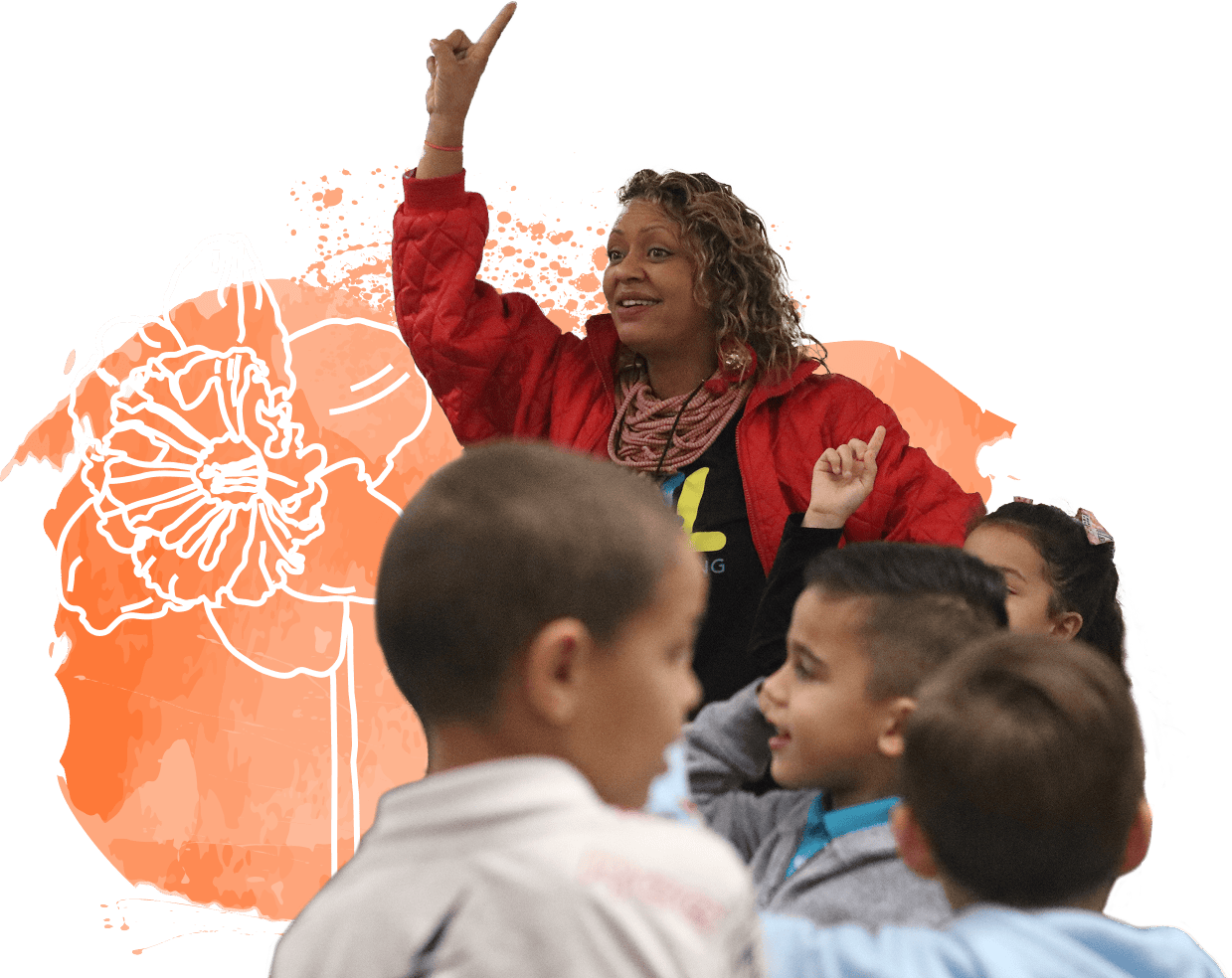 Teacher pointing with students